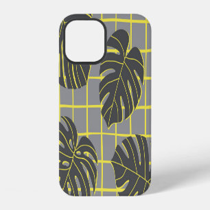 Coque iPhone 12 Monstera Feuilles : Jaune-Gris moderne Abstrait