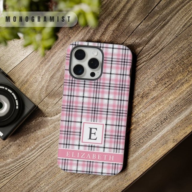 Coque iPhone Motif À damiers noir rose personnalisable (Customizable Pink White Black Checkered Pattern iPhone Case)