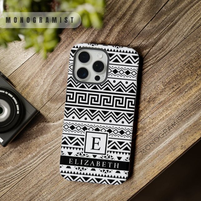 Coque iPhone Motif Aztec blanc et noir personnalisable (Customizable White and Black Aztec Pattern iPhone Case)