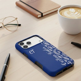 Coque iPhone 16 Pro Max Motif bleu marine et Bush feuille rose monogrammé