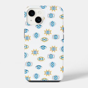 Coque Pour iPhone 14 Motif bleu, or et blanc de l'oeil grec Mati