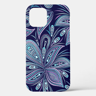 Coque iPhone 12 Motif bleu pointillé avec cachemire et perles. Nom