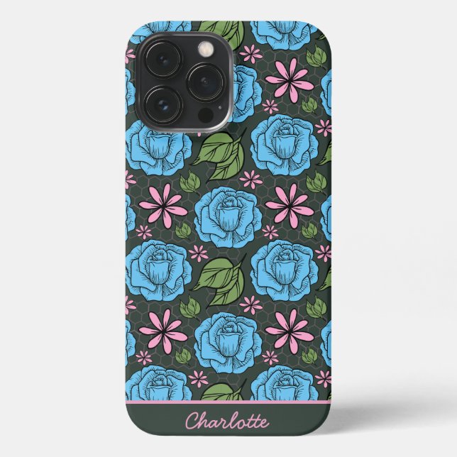Coque iPhone Motif bleu rose floral cousu personnalisé (Verso)