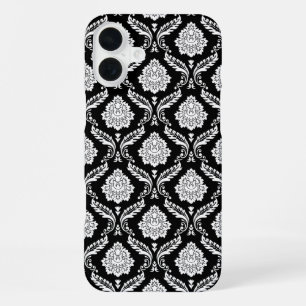 Coque iPhone 16 Plus Motif Damassé Rococo Blanc sur Fond Noir