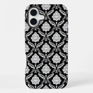 Coque iPhone 16 Plus Motif Damassé Rococo Blanc sur Fond Noir