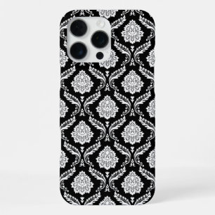 Coque iPhone 16 Pro Max Motif Damassé Rococo Blanc sur Fond Noir