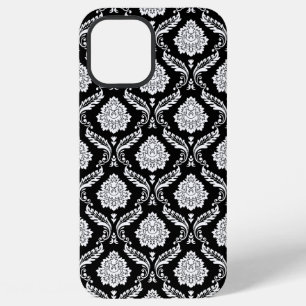 Coque iPhone 12 Pro Max Motif Damassé Rococo Blanc sur Noir