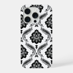 Motif Damassé Rococo Gris Noir Blanc