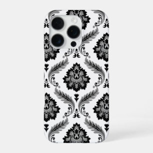 Coque iPhone 16 Pro Motif Damassé Rococo Gris Noir Blanc