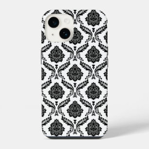 Coque Pour iPhone 14 Motif Damassé Rococo Noir sur Blanc
