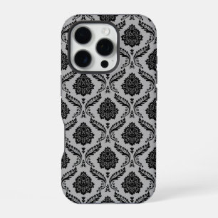 Coque iPhone 16 Pro Motif Damassé Rococo Noir sur Gris
