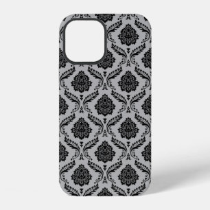 Coque iPhone 12 Motif Damassé Rococo Noir sur Gris