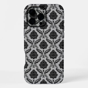 Coque iPhone 16 Pro Max Motif Damassé Rococo Noir sur Gris