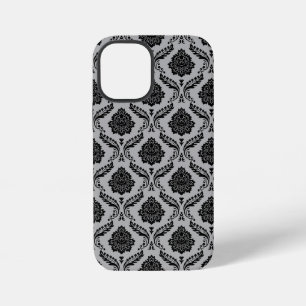 Coque iPhone 12 Mini Motif Damassé Rococo Noir sur Gris
