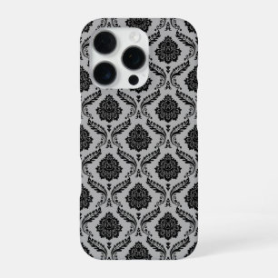 Coque iPhone 16 Pro Motif Damassé Rococo Noir sur Gris