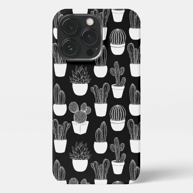 Coque iPhone Motif d'art de la ligne blanche Cactus (Verso)