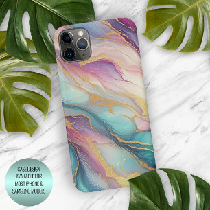 Coque iPhone 16 Pro Max Motif d'art en marbre bleu sarcelle aqua violet or