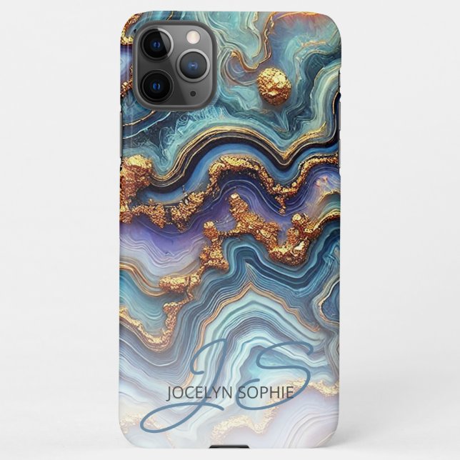 Coque iPhone Motif d'art en marbre doré bleu Turquoise foncé (Dos)