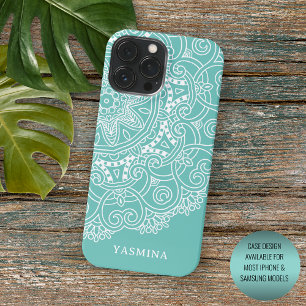 Coque iPhone 16 Pro Max Motif d'art mandala personnalisé sur bleu sarcelle