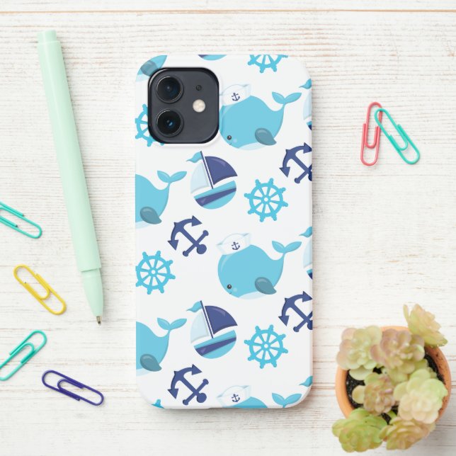 Coque iPhone Motif De Baleines, Beaux Baleines, Baleines Bleues (Sur le bureau)