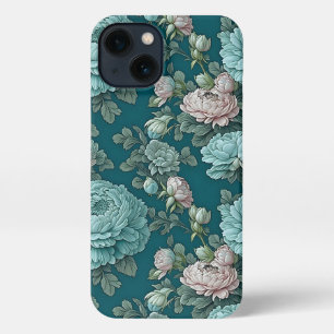 Etui iPhone 13 Motif de Blue Peonies sur un Arrière - plan vert