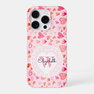 Coque iPhone 16 Pro Motif de cœur rose délicat & cœur blanc monogrammé