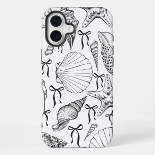 Coque iPhone 16 Plus Motif de coquillages nautiques en blanc et noir