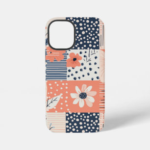 Coque iPhone 12 Mini Motif de courtepointe en patchwork floral Navy Cor