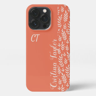 Etui iPhone 13 Pro motif de feuille blanche monogrammé sur rose éléga