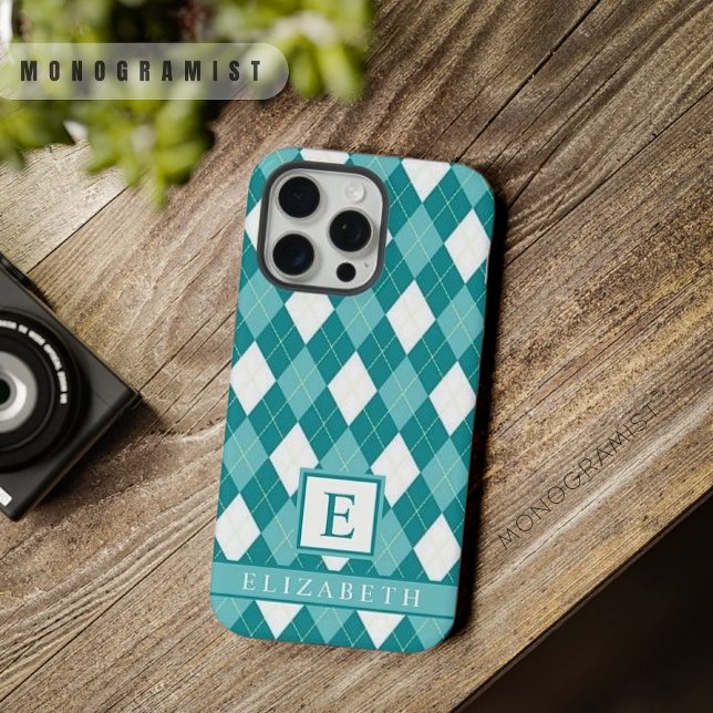 Coque iPhone Motif de Jacquard blanc bleu Turquoise personnalis (Customizable Teal Blue Green White Argyle Pattern iPhone Case)