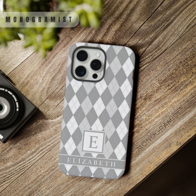 Coque iPhone Motif de Jacquard gris foncé clair personnalisable (Customizable White Light Dark Grey Argyle Pattern iPhone Case)