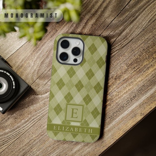 Coque iPhone Motif de Jacquard vert olive gris-gris personnalis (Customizable Grey Sage Olive Green Argyle Pattern iPhone Case)