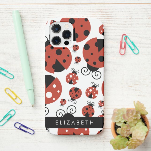 Coque iPhone Motif De Ladybugs, Red Ladybugs, Votre Nom (Sur le bureau)