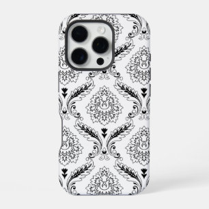 Coque iPhone 16 Pro Motif de ligne en damas rococo noir sur blanc