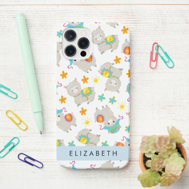 Coque iPhone Motif De Llamas, Alpacas, Fleurs, Votre Nom (Sur le bureau)