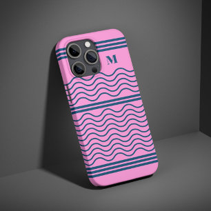 Coque iPhone 16 Pro Motif de monogramme à rayures ondulées bleues et r