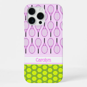 Coque iPhone 16 Pro Max Motif de tennis nom personnalisé rose vert