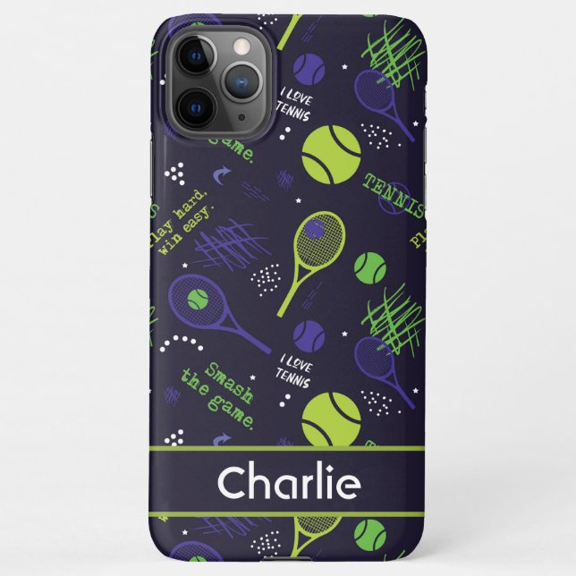 Coque iPhone motif de tennis 💚 vert et 💜 violet - nom personn (Dos)
