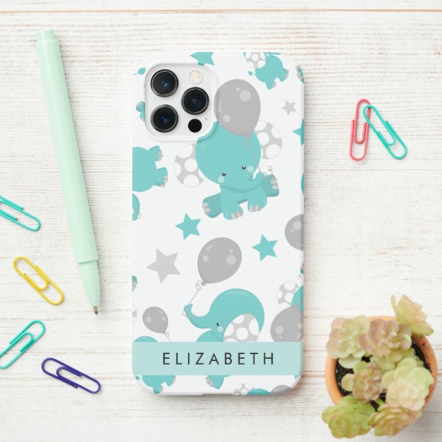 Coque iPhone Motif Des Eléphants Bleus, Étoiles, Votre Nom (Sur le bureau)