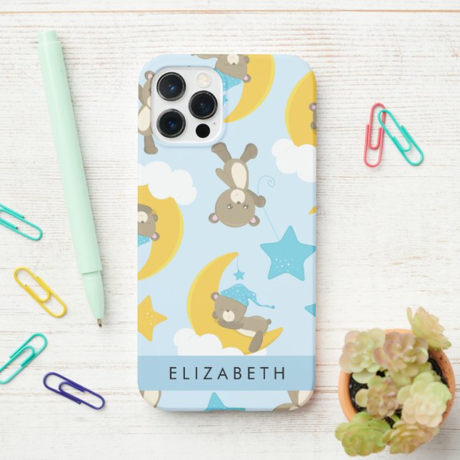 Coque iPhone Motif D'Ours, Nounours, Étoiles, Votre Nom (Sur le bureau)