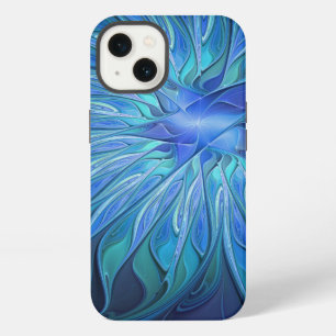 Etui iPhone 13 Motif fantaisie de fleur bleue, art fractal abstra