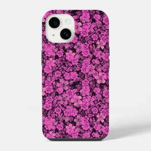 Coque Pour iPhone 14 Motif floral 15.Fond noir rose