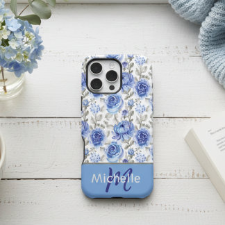 Coque iPhone 16 Pro Max Motif floral à l'aquarelle bleue élégant avec nom