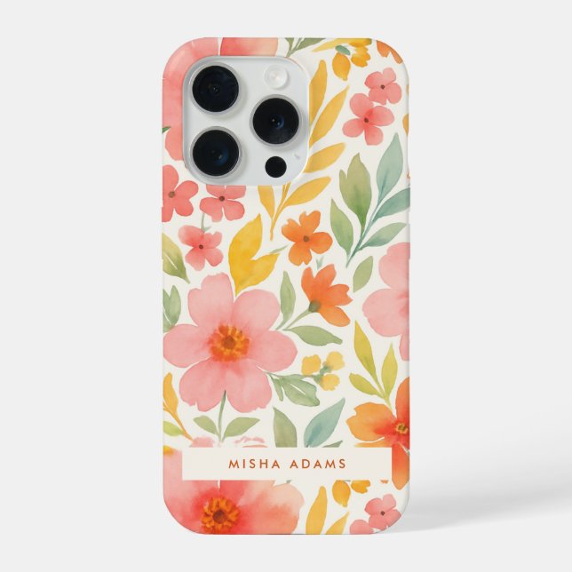 Coque iPhone Motif floral aquarelle rose orange vif  (Verso)