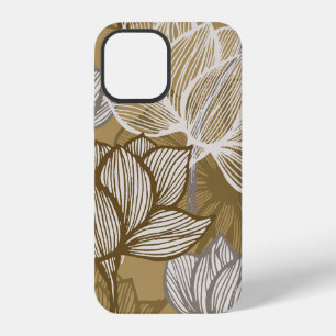 Coque iPhone 12 Motif floral Art déco. Fleur d'art en ligne dorée.