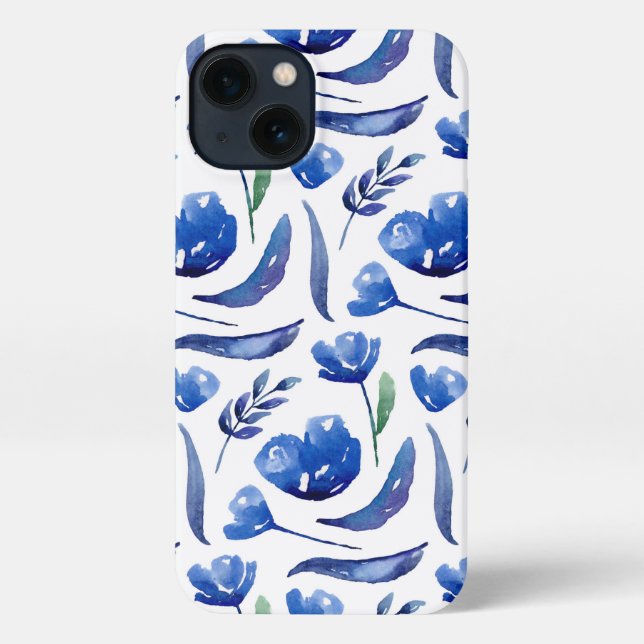 Coque iPhone Motif floral bleu aquarelle. Fleurs de marine (Verso)