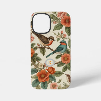Coque iPhone 12 Mini Motif floral botanique oiseaux vintage monogramme