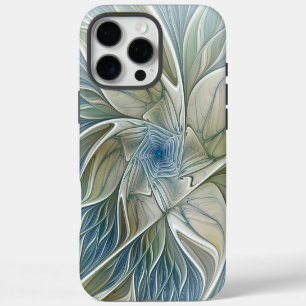 Coque iPhone 16 Pro Max Motif floral rêve abstrait bleu kaki fractal