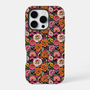 Coque iPhone 16 Pro motif floral vintage aux couleurs vives en noir