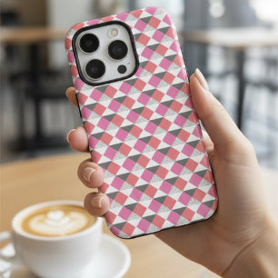 Coque iPhone 16 Pro Motif géométrique harlequin gris corail rose moder